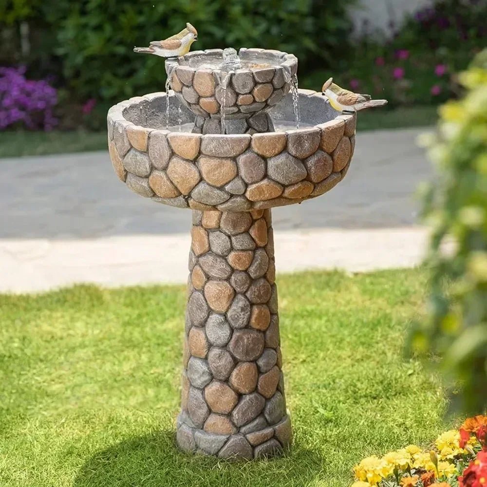 2-Tier Stone Outdoor Waterfall Fountain w/ Birds Decor