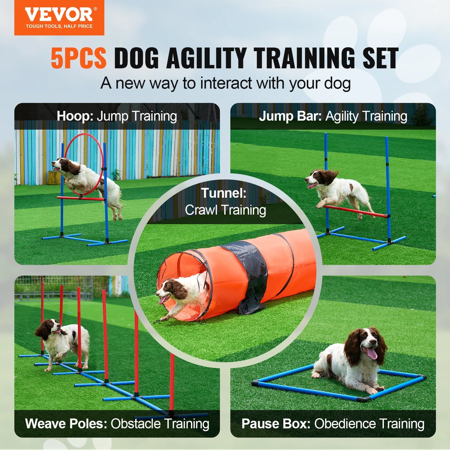 VEVOR Dog Agility Training Equipment 5 PCS Set Upgrade with Adjustable Hurdles Tunnel