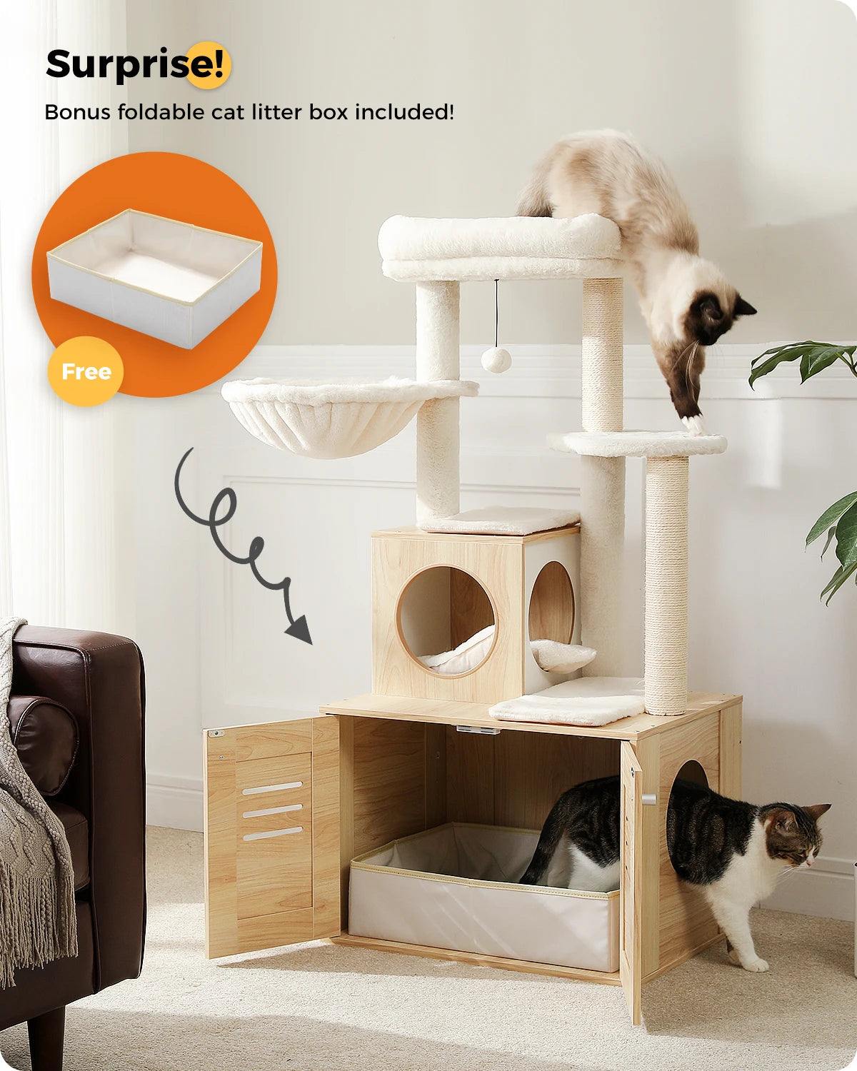 Multi-Level Cat Tower with Foldable Cat Litter hind away
