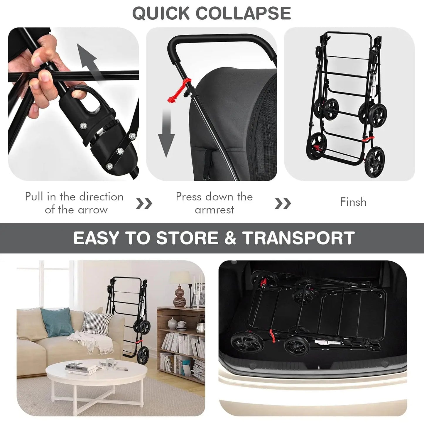 Double Pet Stroller with 2 Detachable Carrier Bags