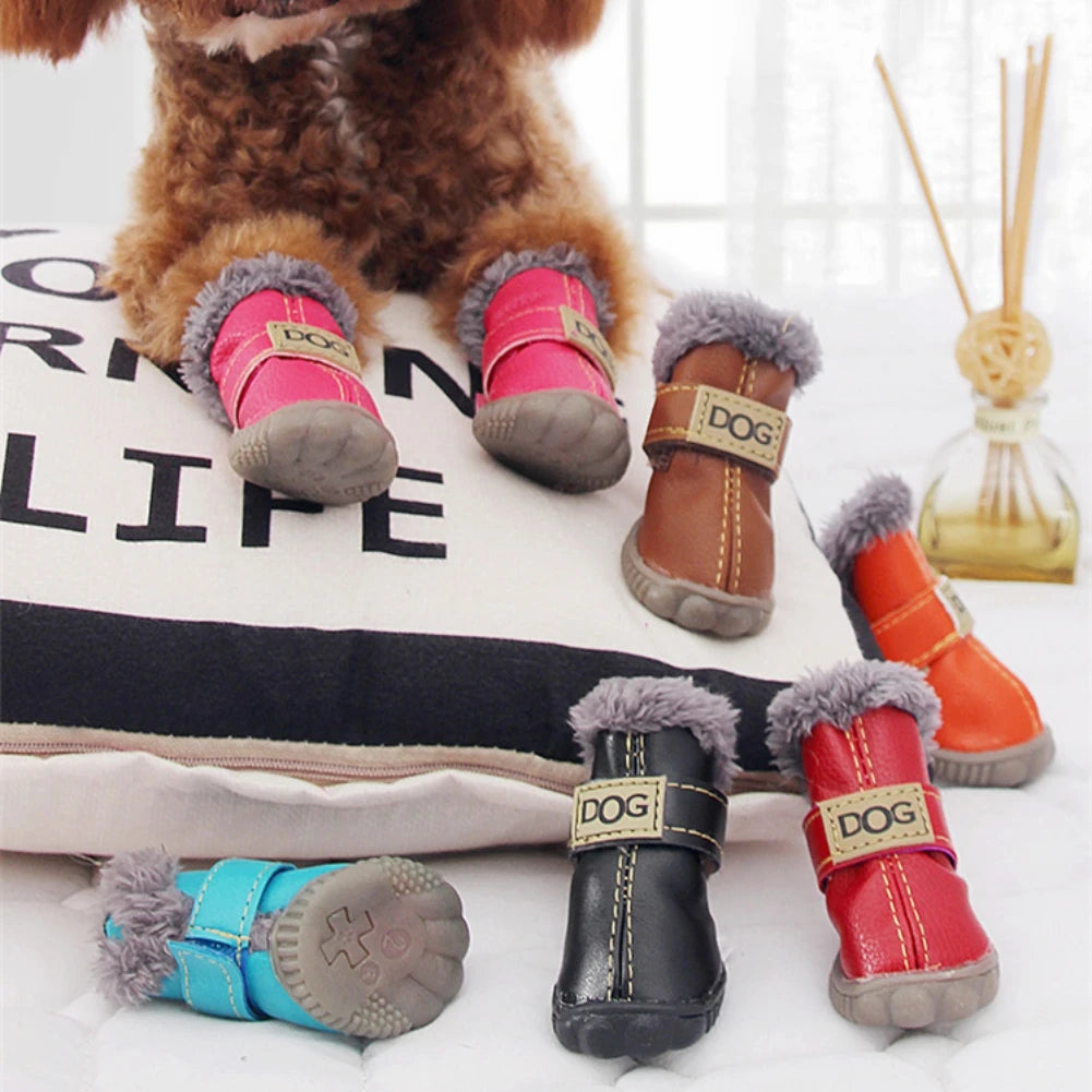 Dog Outdoor Shoes PU Leather Boots with Plush Lining Anti-Slip Sole