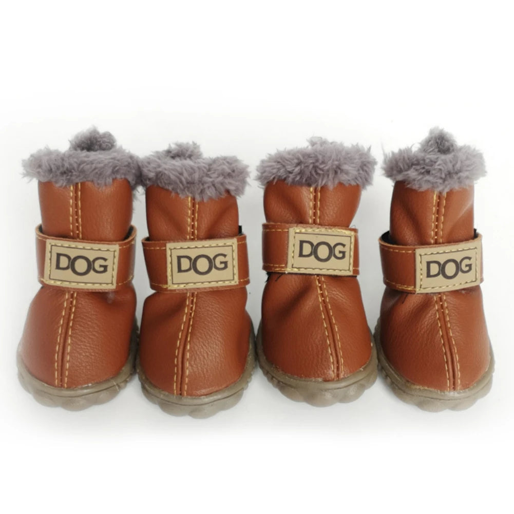 Dog Outdoor Shoes PU Leather Boots with Plush Lining Anti-Slip Sole