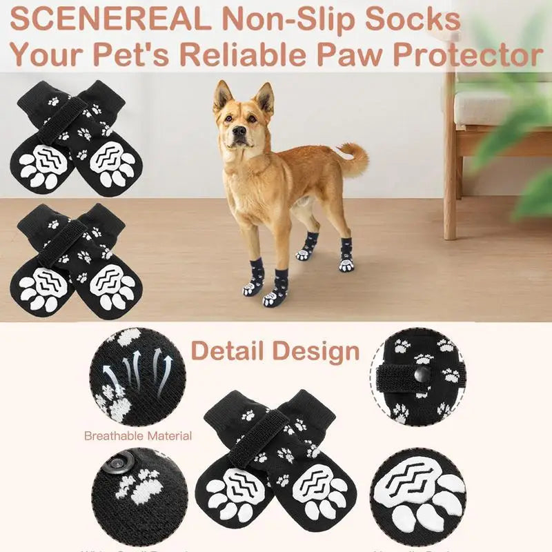 4PCS Double Side Anti-Slip Dog Socks with Adjustable Straps for Pet Paw