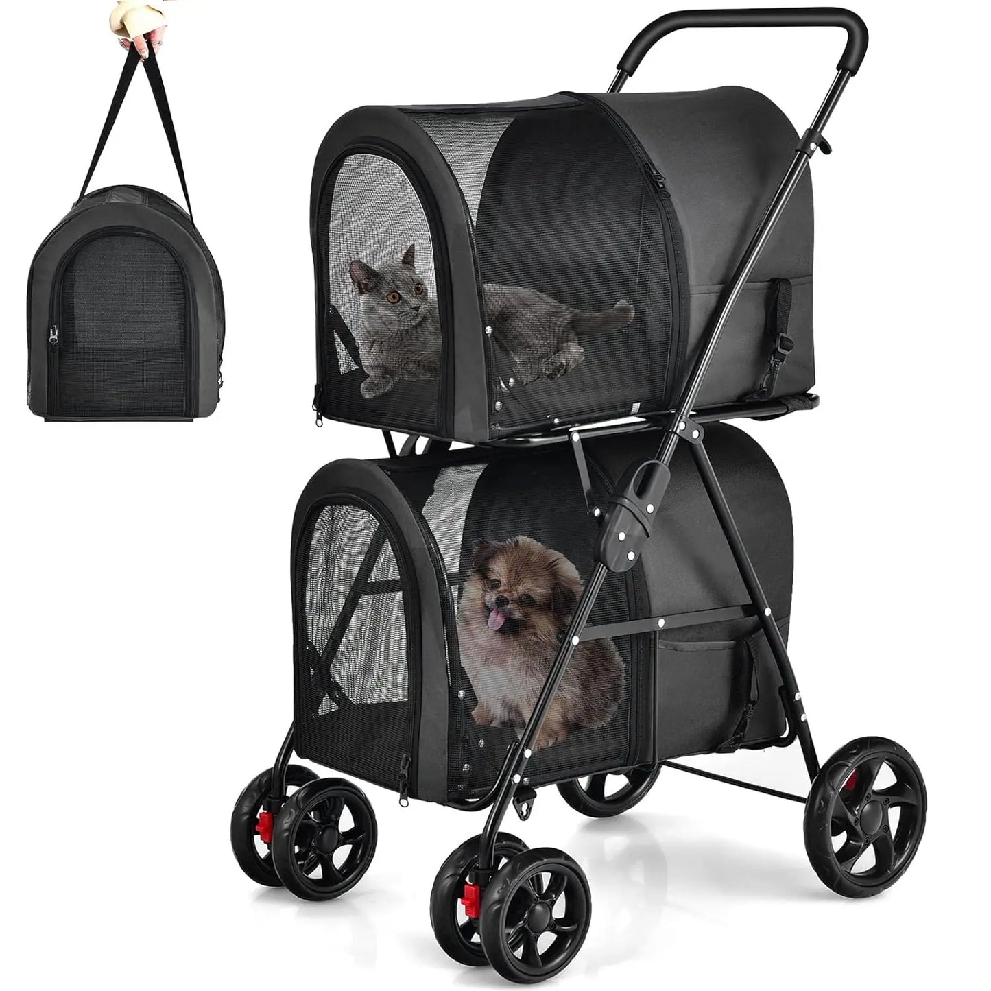 Double Pet Stroller with 2 Detachable Carrier Bags