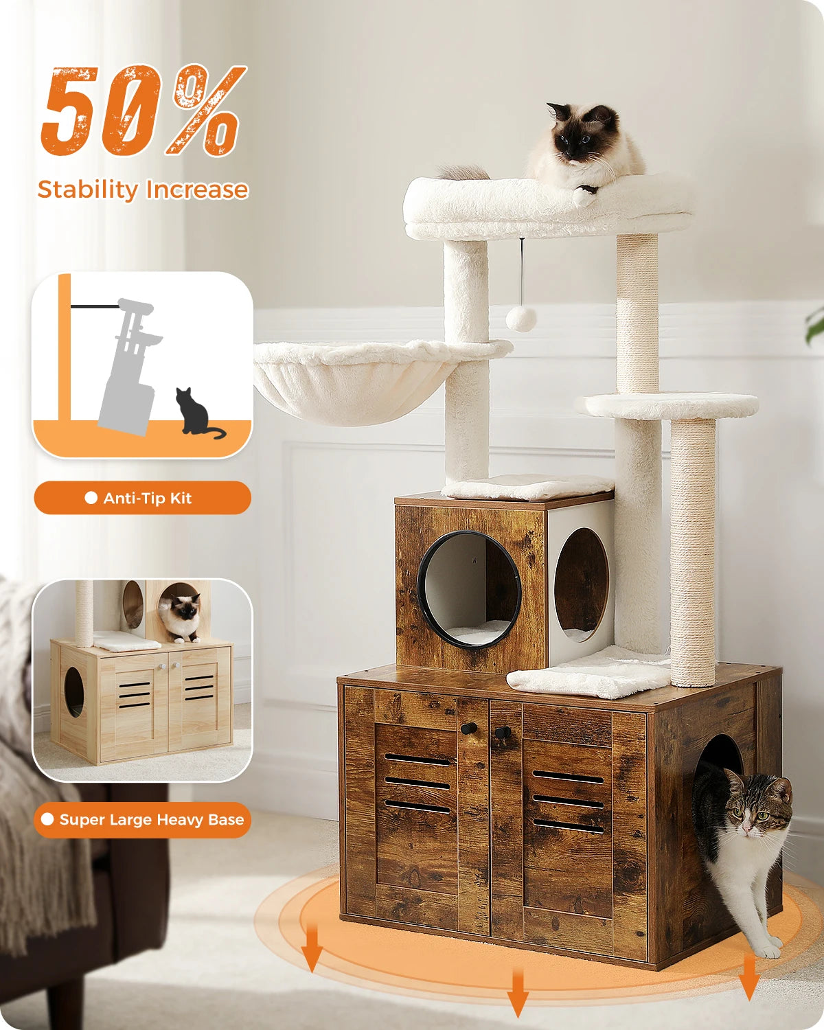Multi-Level Cat Tower with Foldable Cat Litter hind away
