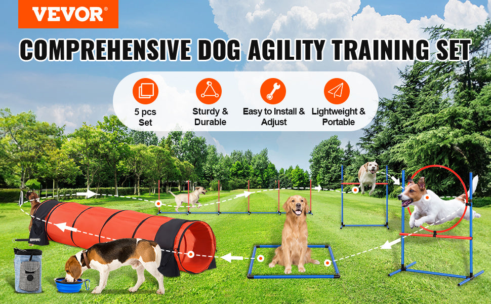 VEVOR Dog Agility Training Equipment 5 PCS Set Upgrade with Adjustable Hurdles Tunnel