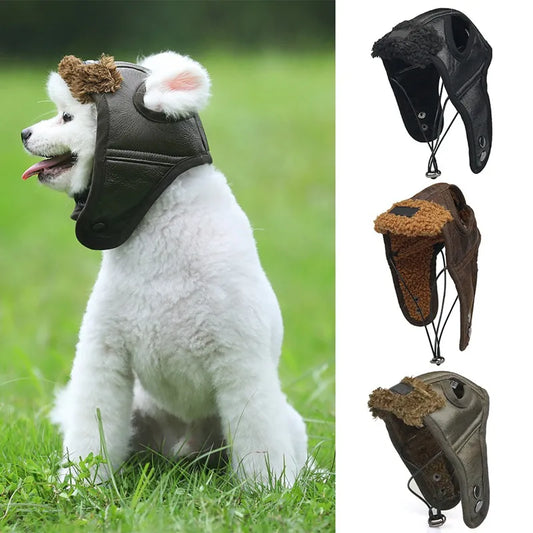 Dog Puppy Winter Hat Cashmere Pilot Hat PU leather