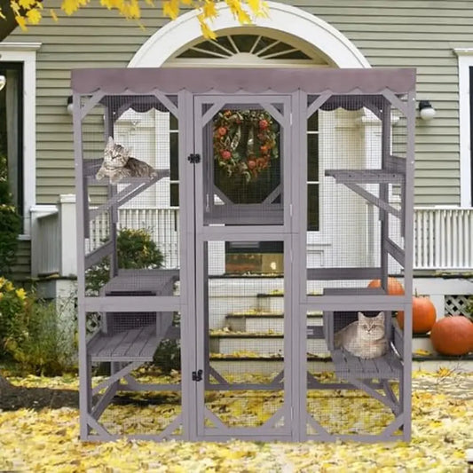 Wooden Catio Outdoor Cat Enclosure with 7 Jumping Platforms