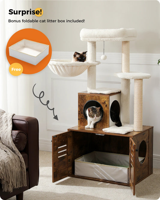 Multi-Level Cat Tower with Foldable Cat Litter hind away