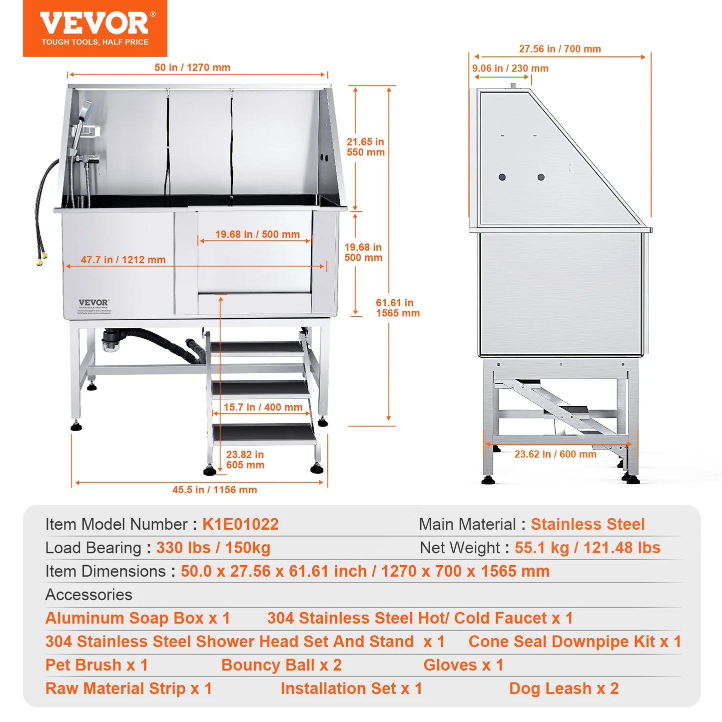 VEVOR 50" Pet Dog Bathing Station with Stairs