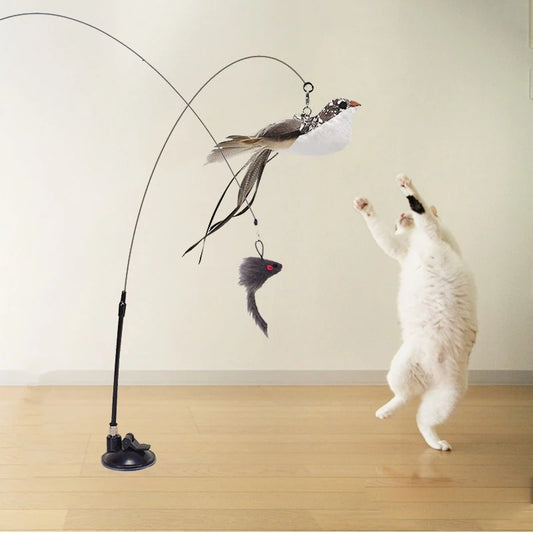 Interactive Cat Toy Simulation Feather Bird with Suction Cup