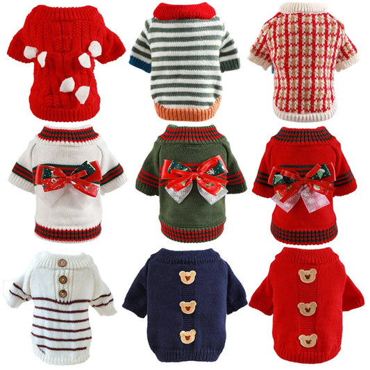 Christmas Dog Sweater Warm  Knitted Bowtie Sweater