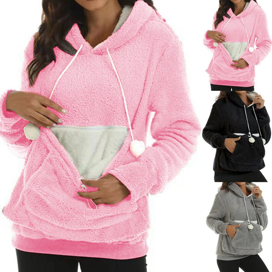 Winter Plush Cute Carrier Holder Hoodies Women Sweatshirts