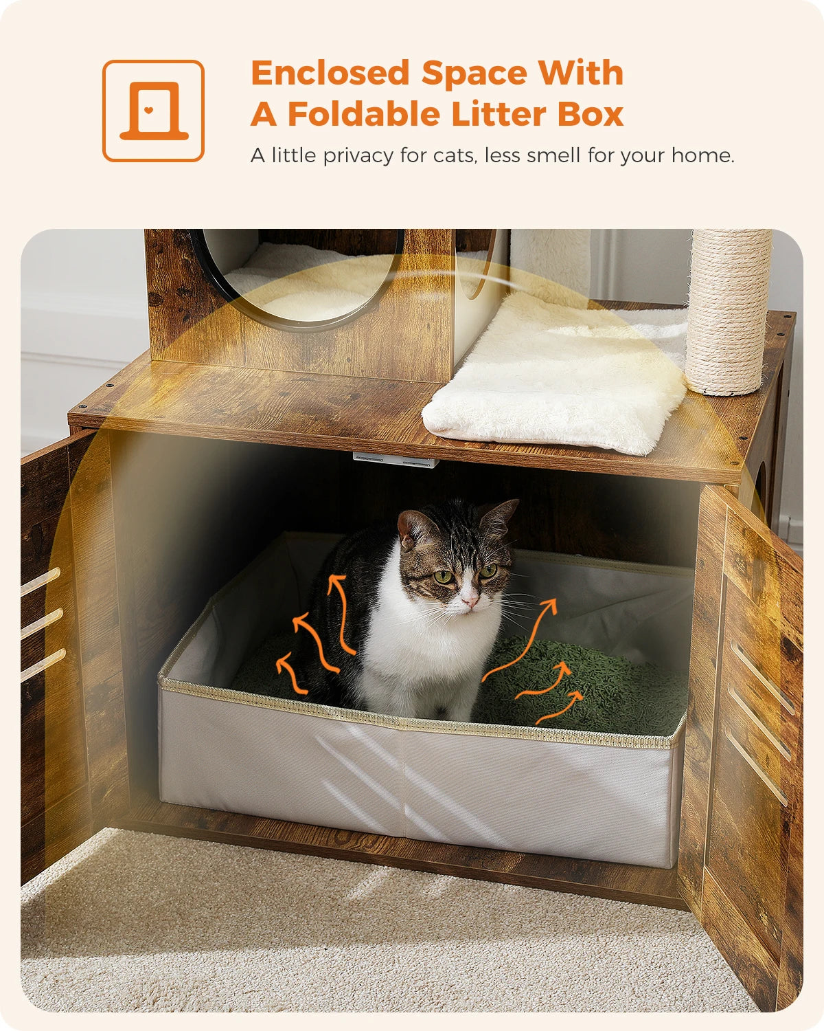 Multi-Level Cat Tower with Foldable Cat Litter hind away