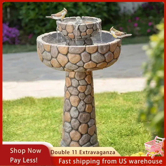 2-Tier Stone Outdoor Waterfall Fountain w/ Birds Decor