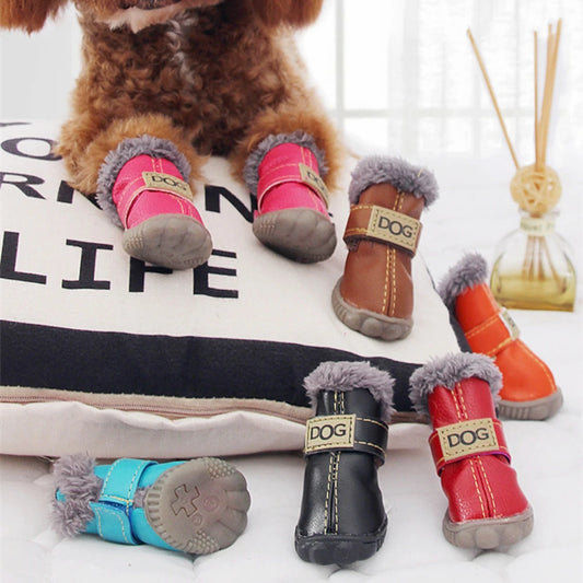 Dog Outdoor Shoes PU Leather Boots with Plush Lining Anti-Slip Sole