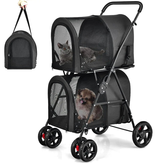 Double Pet Stroller with 2 Detachable Carrier Bags