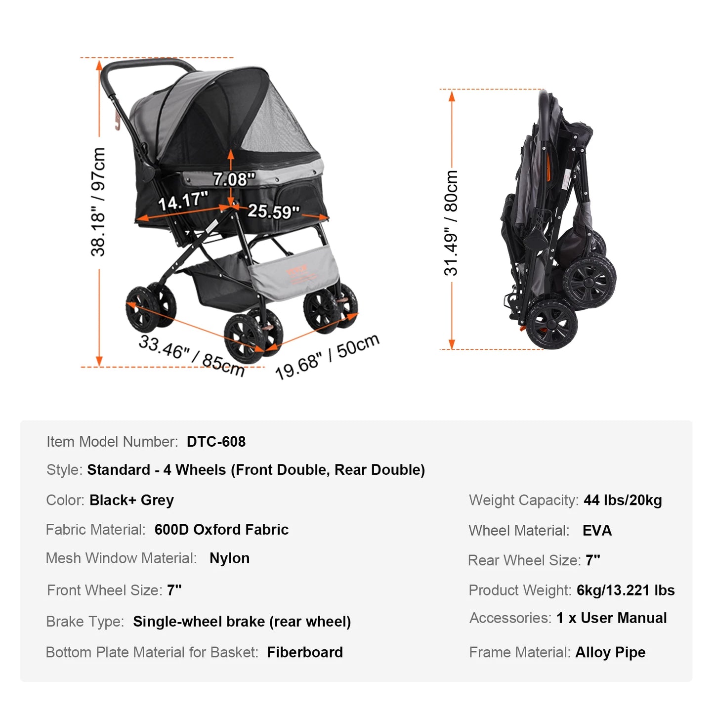 VEVOR 44lbs Pet Dog Stroller Storage Basket for Dogs Cats
